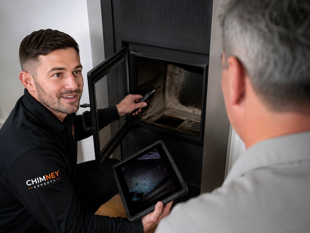 Chimney Experts technician showing a homeowner the live inspection camera footage
